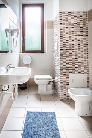 Rainfall showerhead, free toiletries, hair dryer, bidet