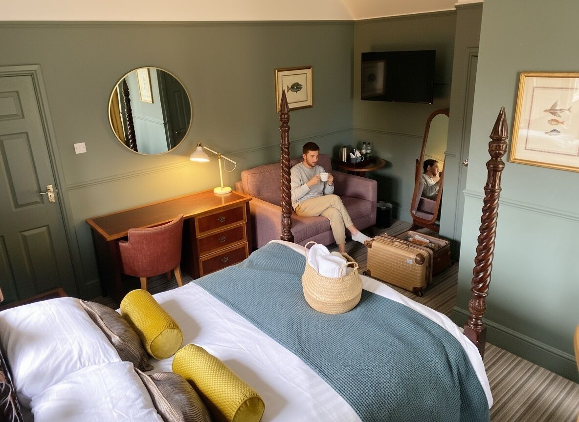 A bedroom with a four-poster bed, a desk, a chair, and a television on the wall.