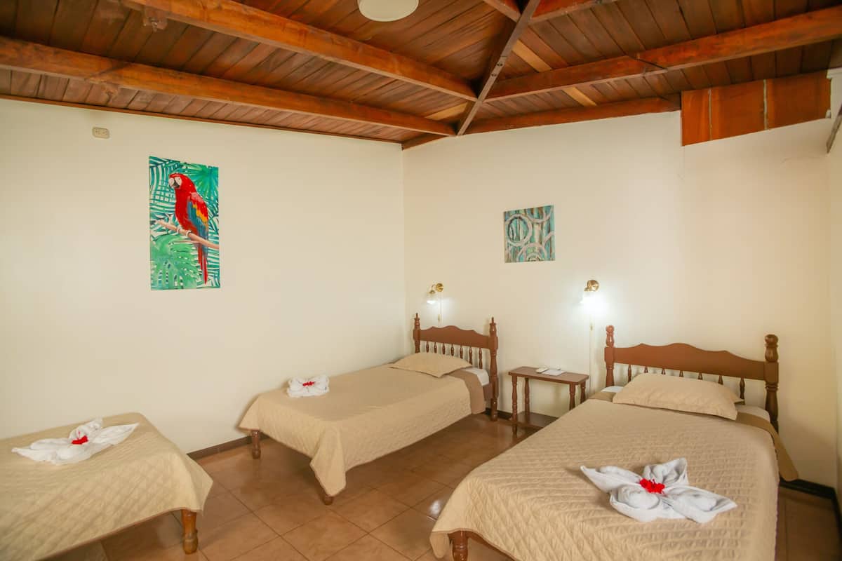 Habitación de hotel con dos camas individuales, cabecera de madera, mesita de noche pequeña con lámpara y obras de arte en las paredes.