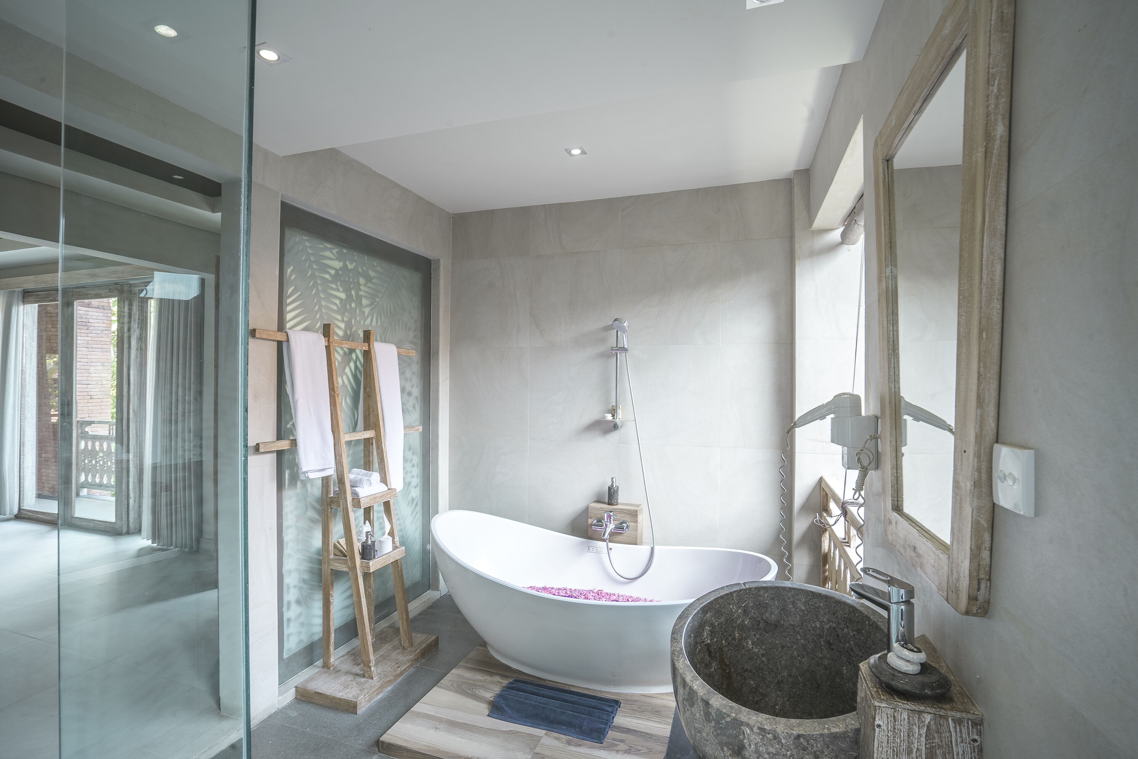 two bedroom private pool villa | bathroom | shower, rainfall showerhead, free toiletries, hair dryer