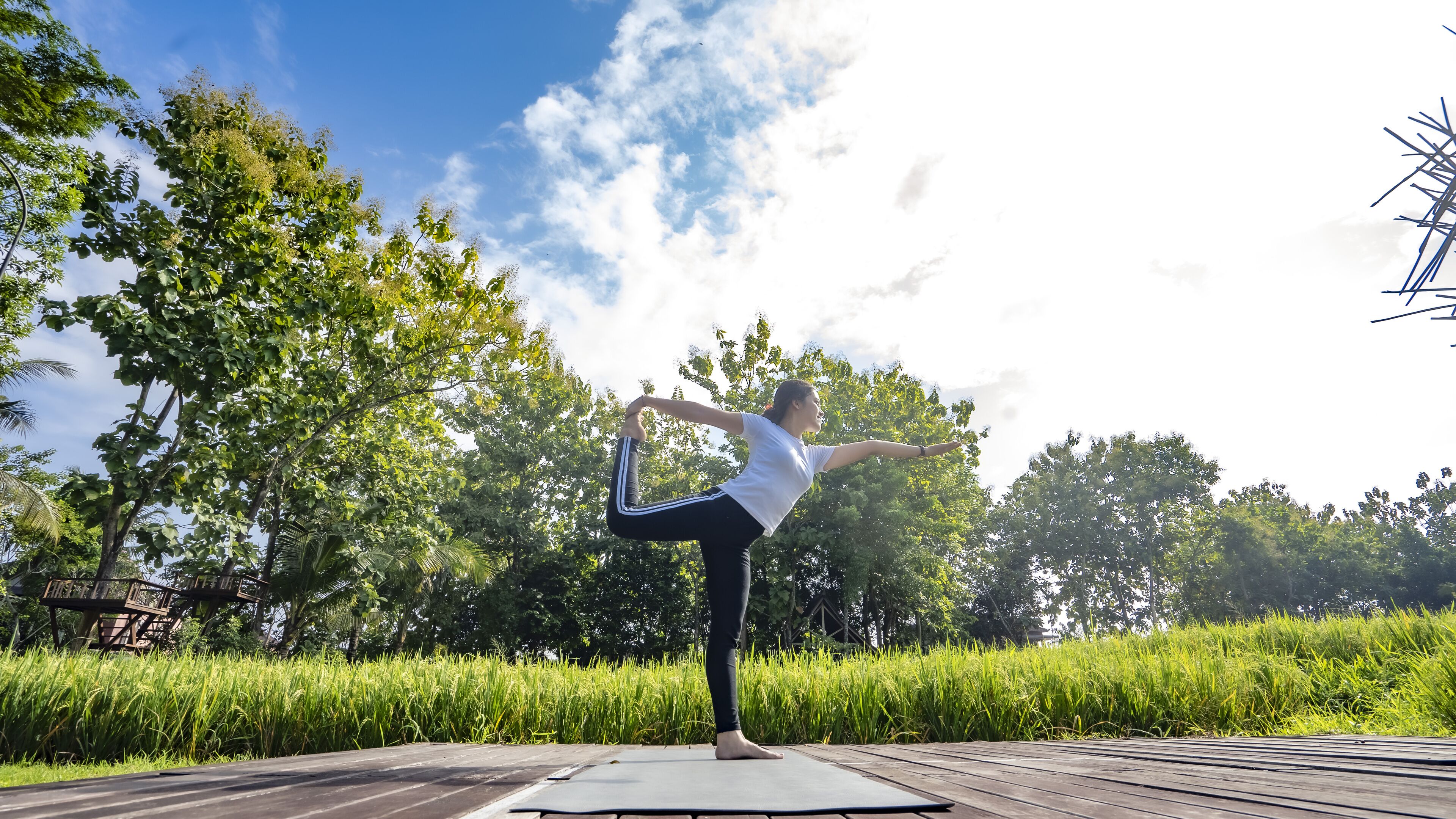 A person performing a yoga pose on a mat outdoors with trees and a clear sky in the background.