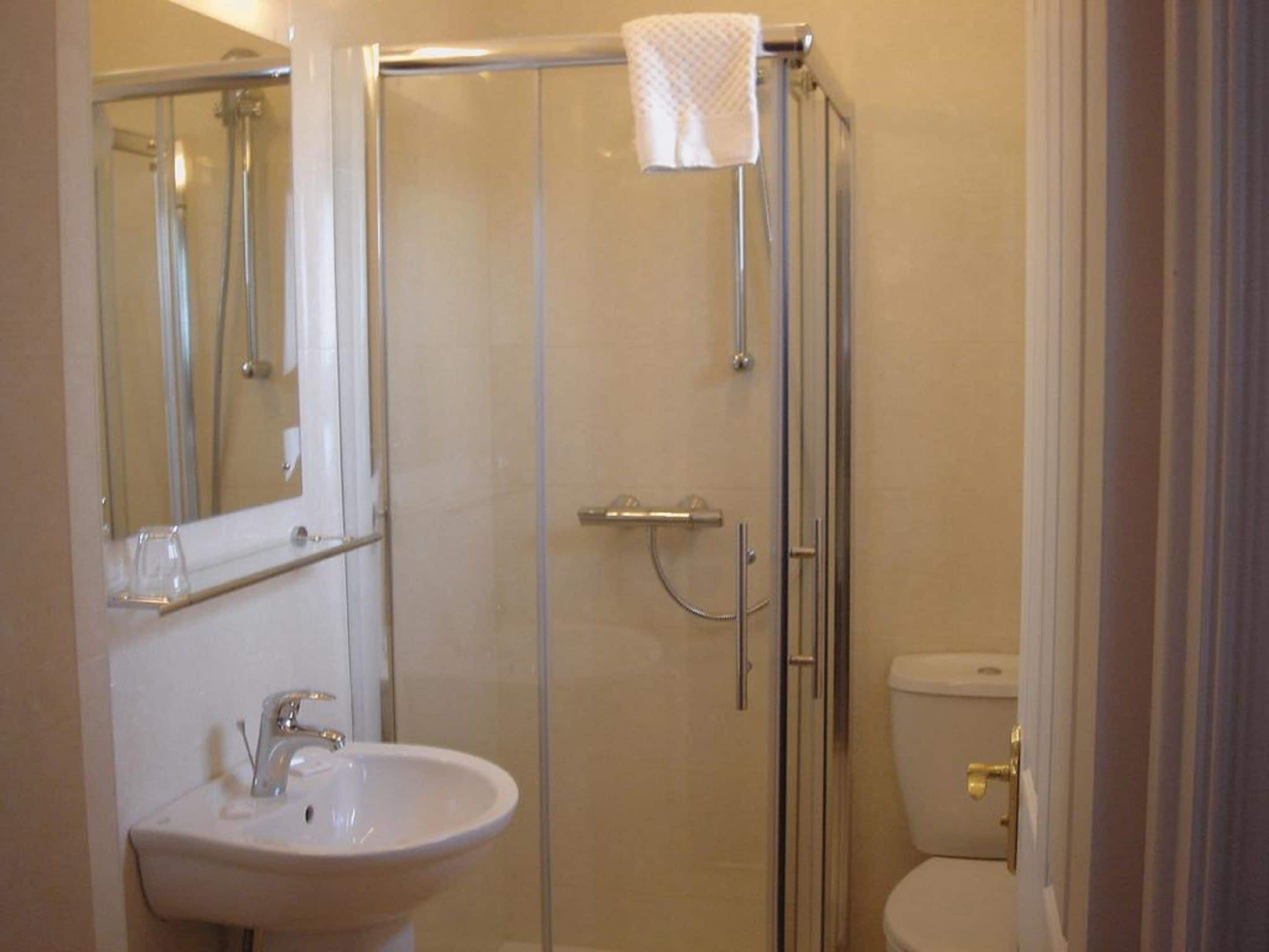 A bathroom with a glass-enclosed shower, a sink, and a toilet.