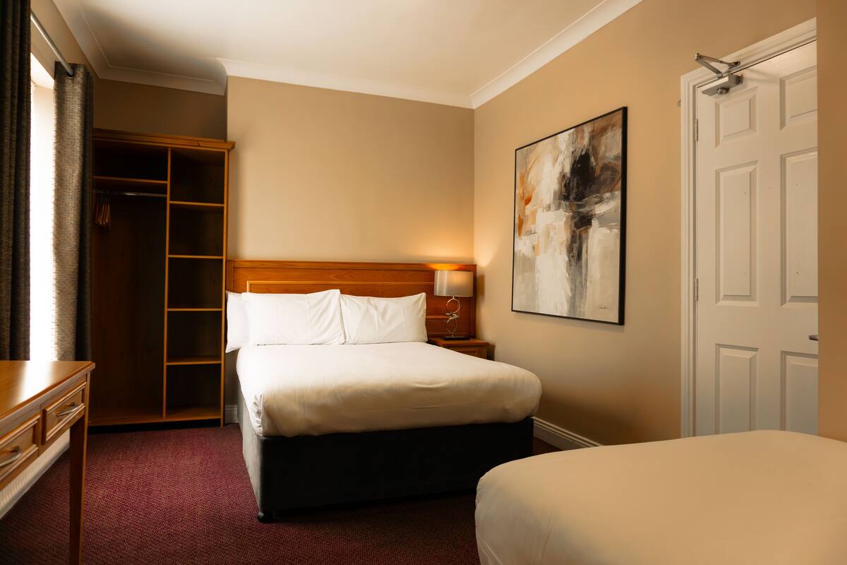 A hotel room with a bed, a wardrobe, a bedside table with a lamp, and a door.