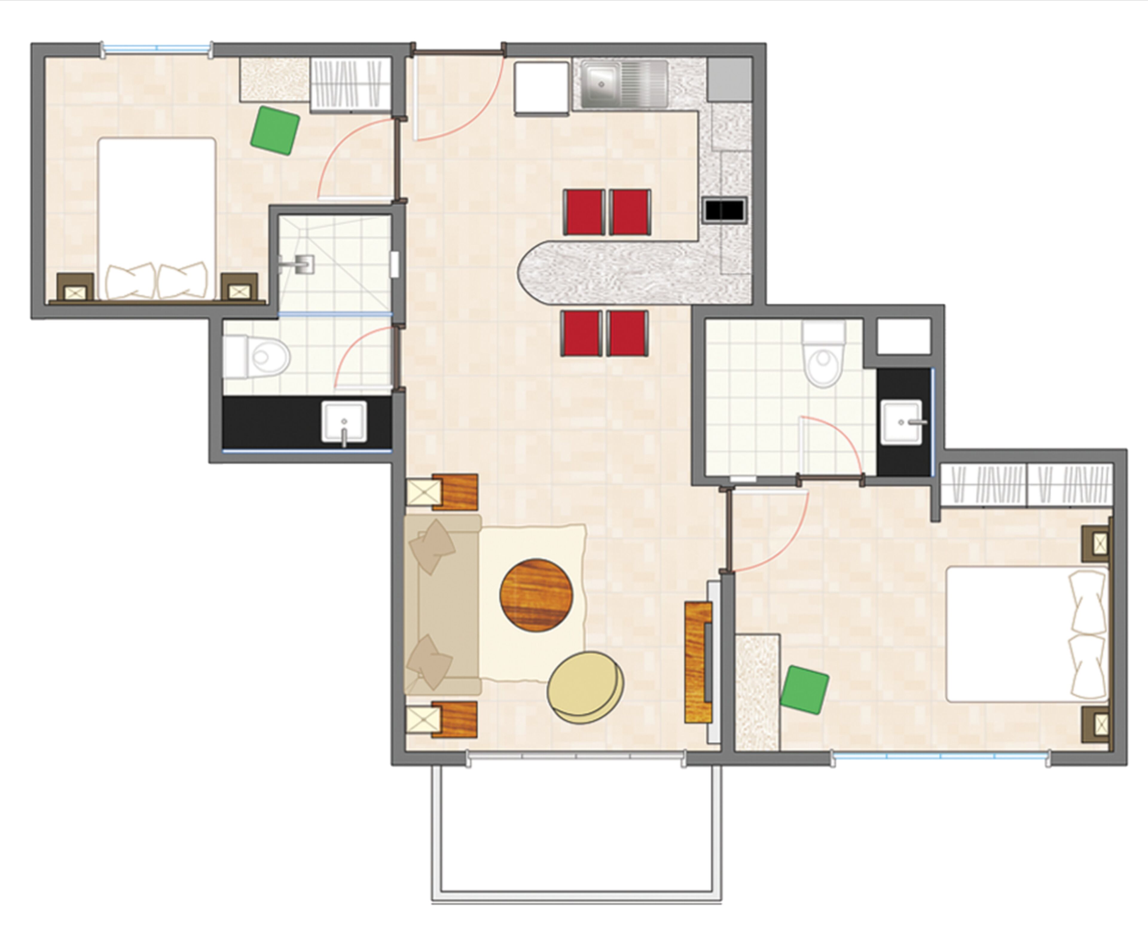 A floor plan of a hotel room with a bed, a desk, a chair, a small table, and a bathroom.