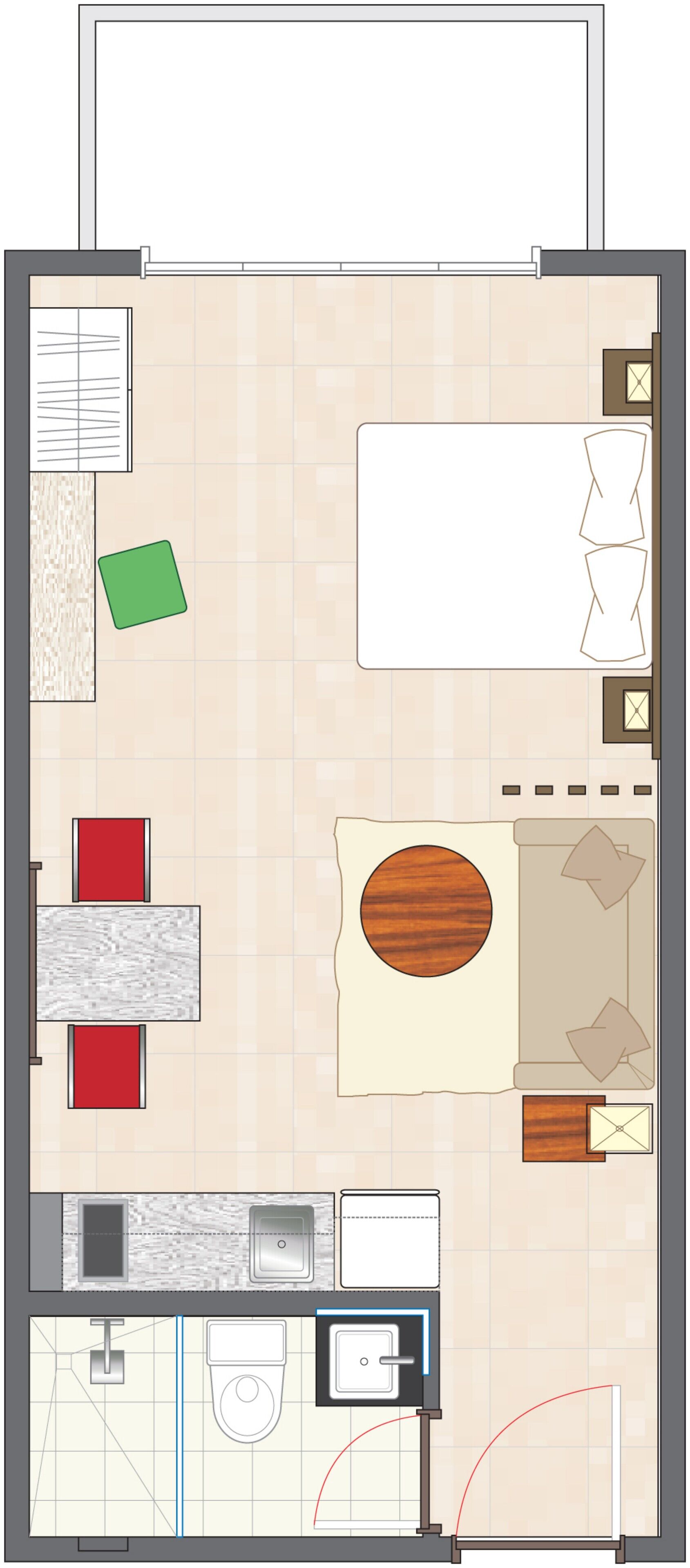 A floor plan of a hotel room with a bed, a desk, a chair, a small table, a sofa, and a bathroom.