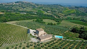 An aerial view of a vineyard with rows of grapevines, a large building with a swimming pool, and a distant hilltop town. - Agriturismo Il Casolare di Bucciano (San Gimignano)