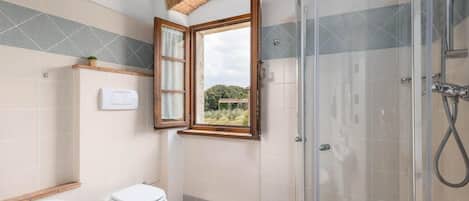 A bathroom with a shower, toilet, and a window with an open shutter.