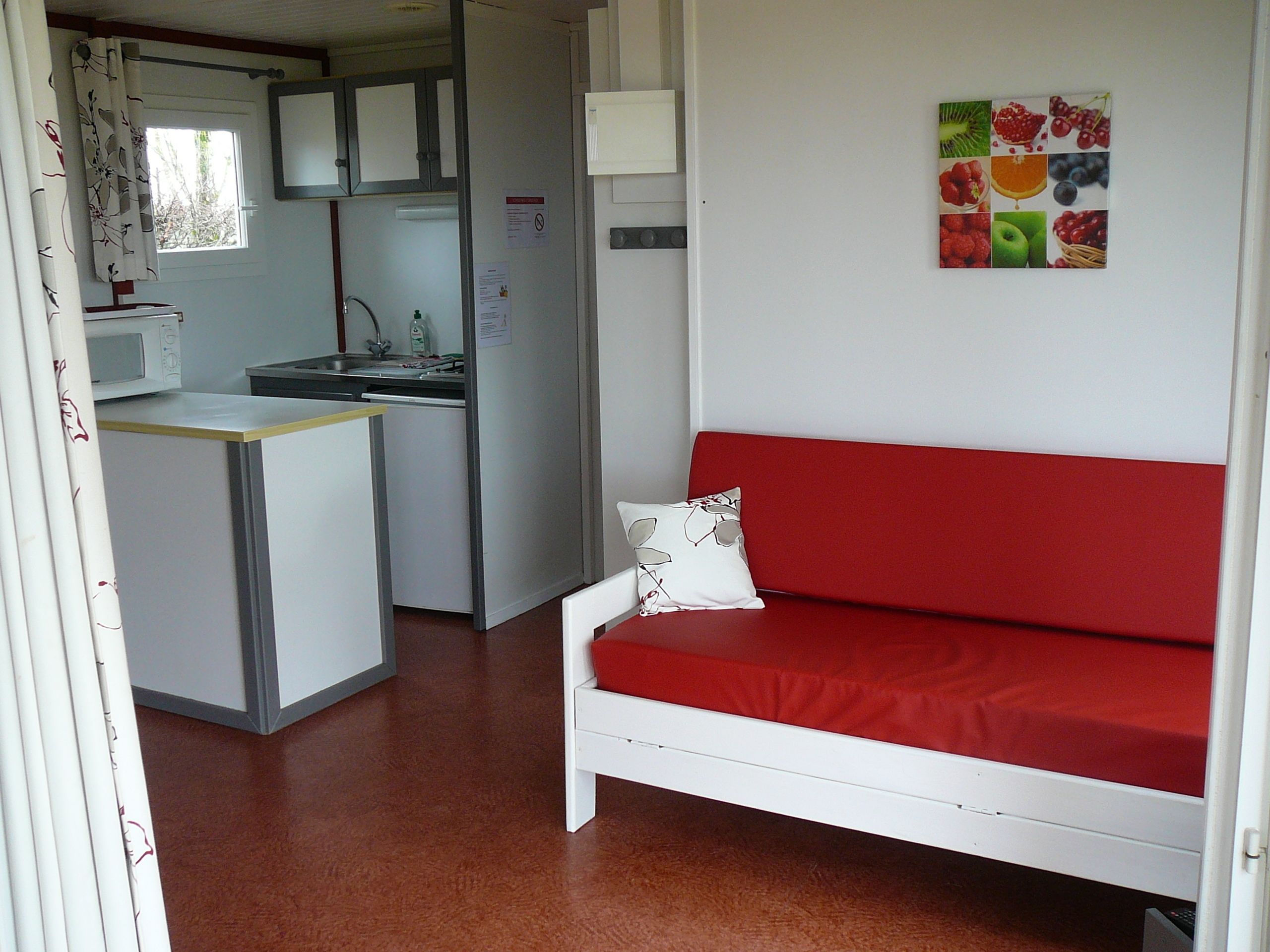 A compact kitchenette with a microwave, sink, and refrigerator. A red sofa with a white pillow is positioned against the wall, and a fruit-themed artwork is displayed above it.