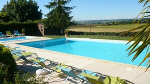 Une piscine rectangulaire à l’eau d’un bleu limpide, entourée de chaises longues et d’un petit bâtiment portant l’inscription « MOTEL ».