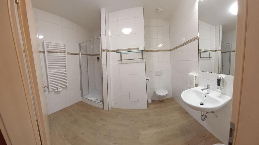 A bathroom with a glass shower enclosure, a toilet, and a sink with a mirror.