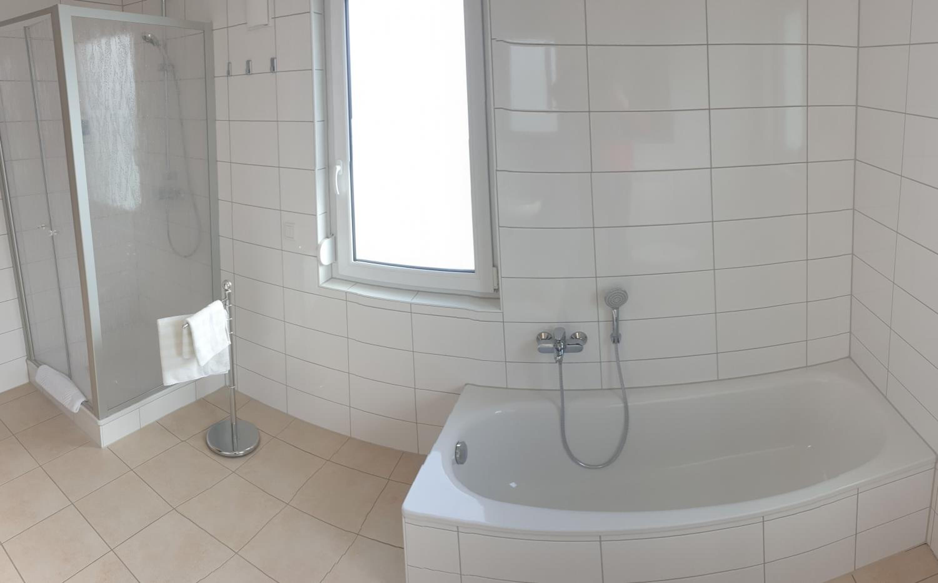 business apartment | bathroom | shower, hair dryer, towels