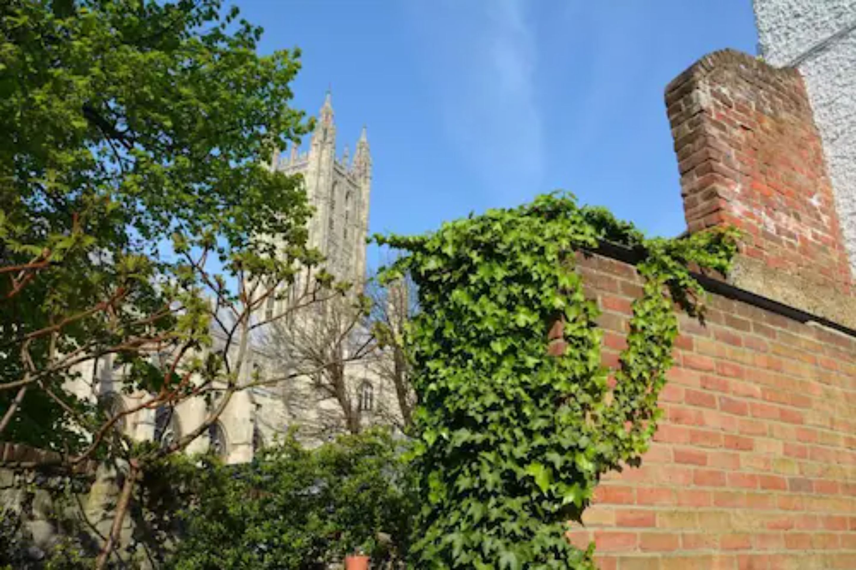 A historic building with ivy-covered brick walls and a prominent tower.