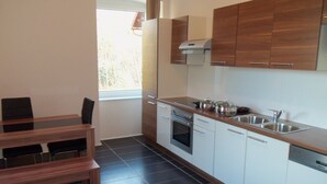 Standard Apartment, 2 Bedrooms, Mountain View | Private kitchenette | Coffee/tea maker, full-sized fridge, microwave, stovetop - Villa Wellspacher (Semmering)