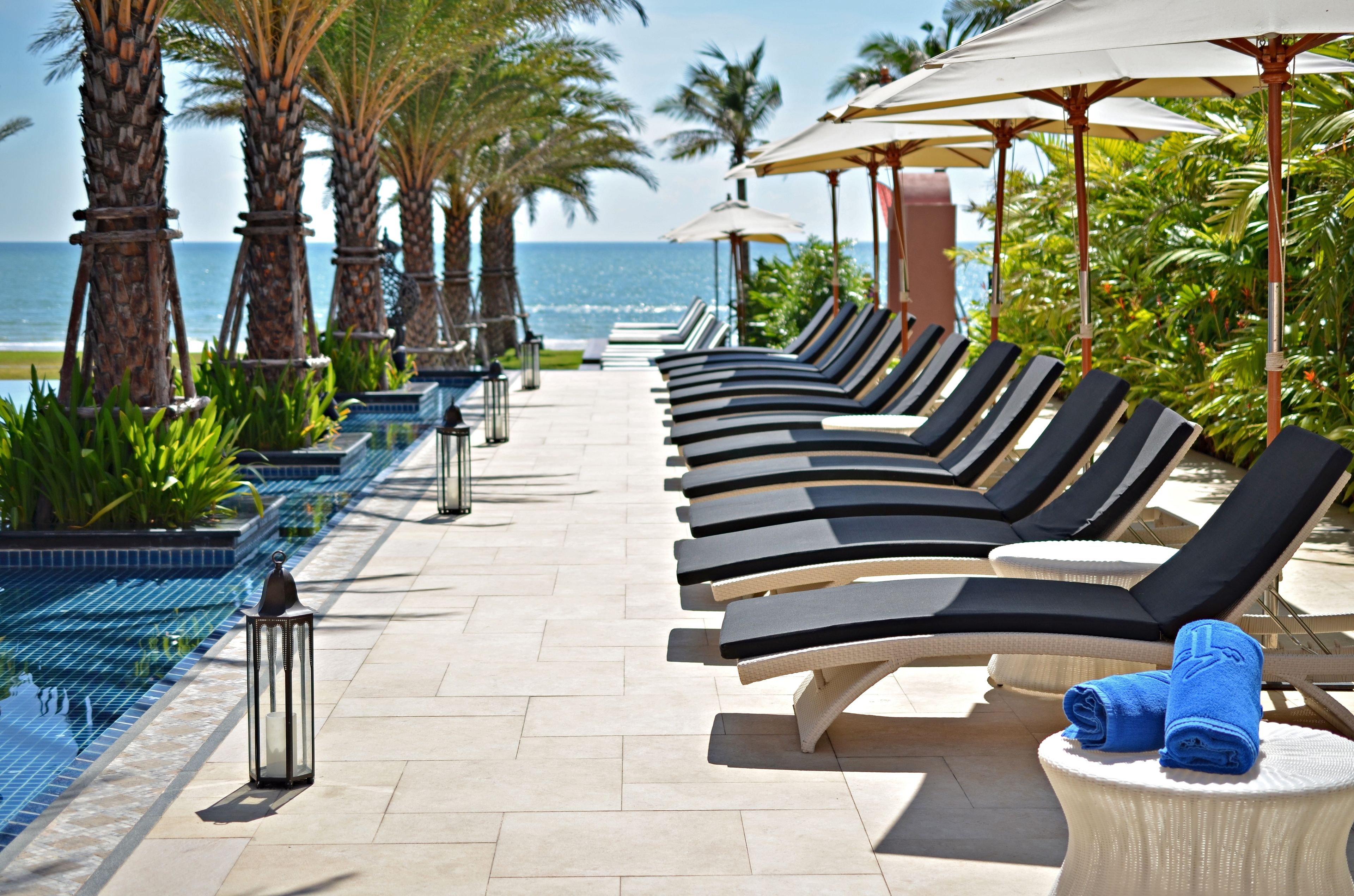 A poolside area with lounge chairs and umbrellas, a pool, and palm trees.