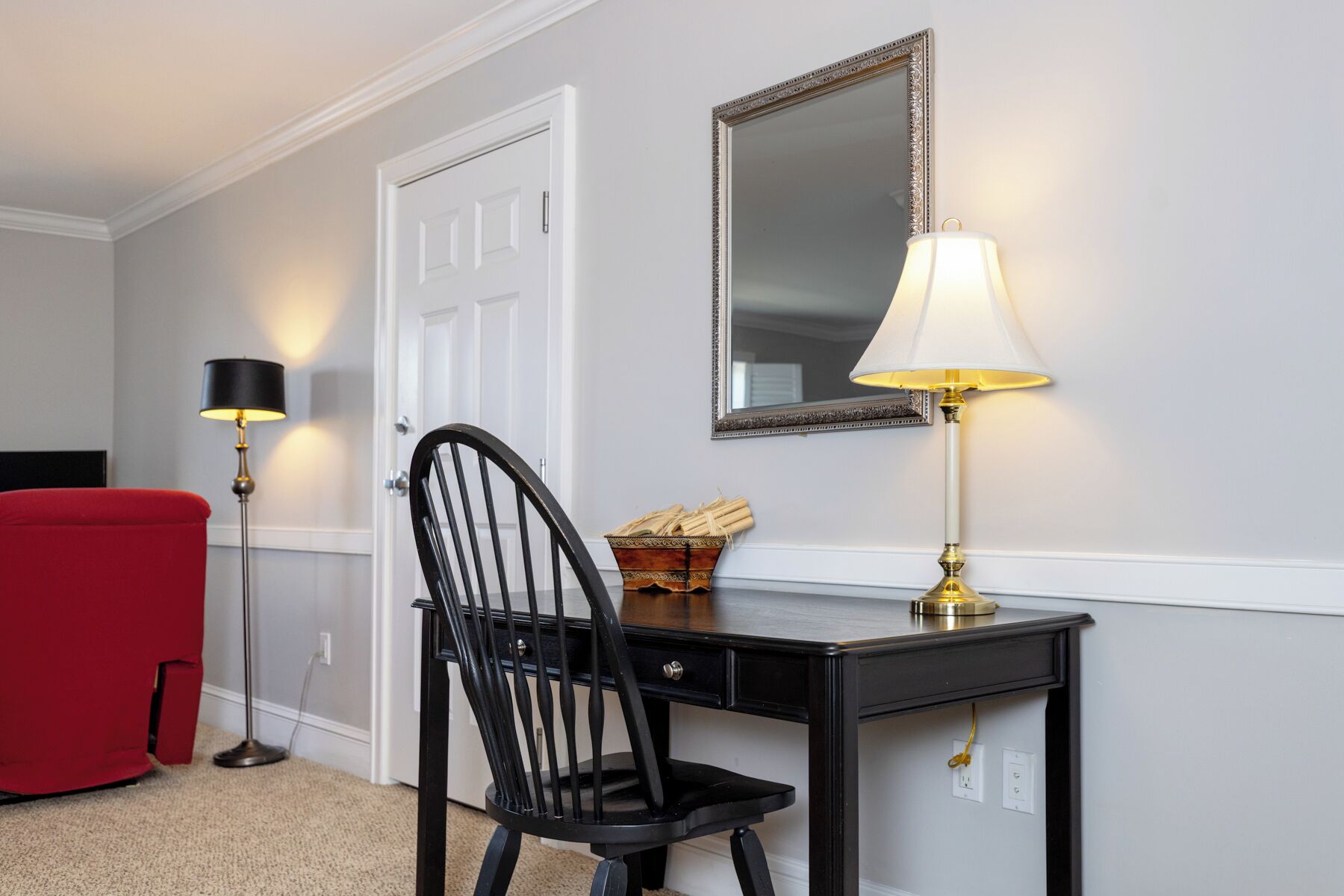 queen room one queen bed | living area | flat-screen tv, dvd player