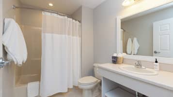 Un bagno con doccia, WC e lavandino.