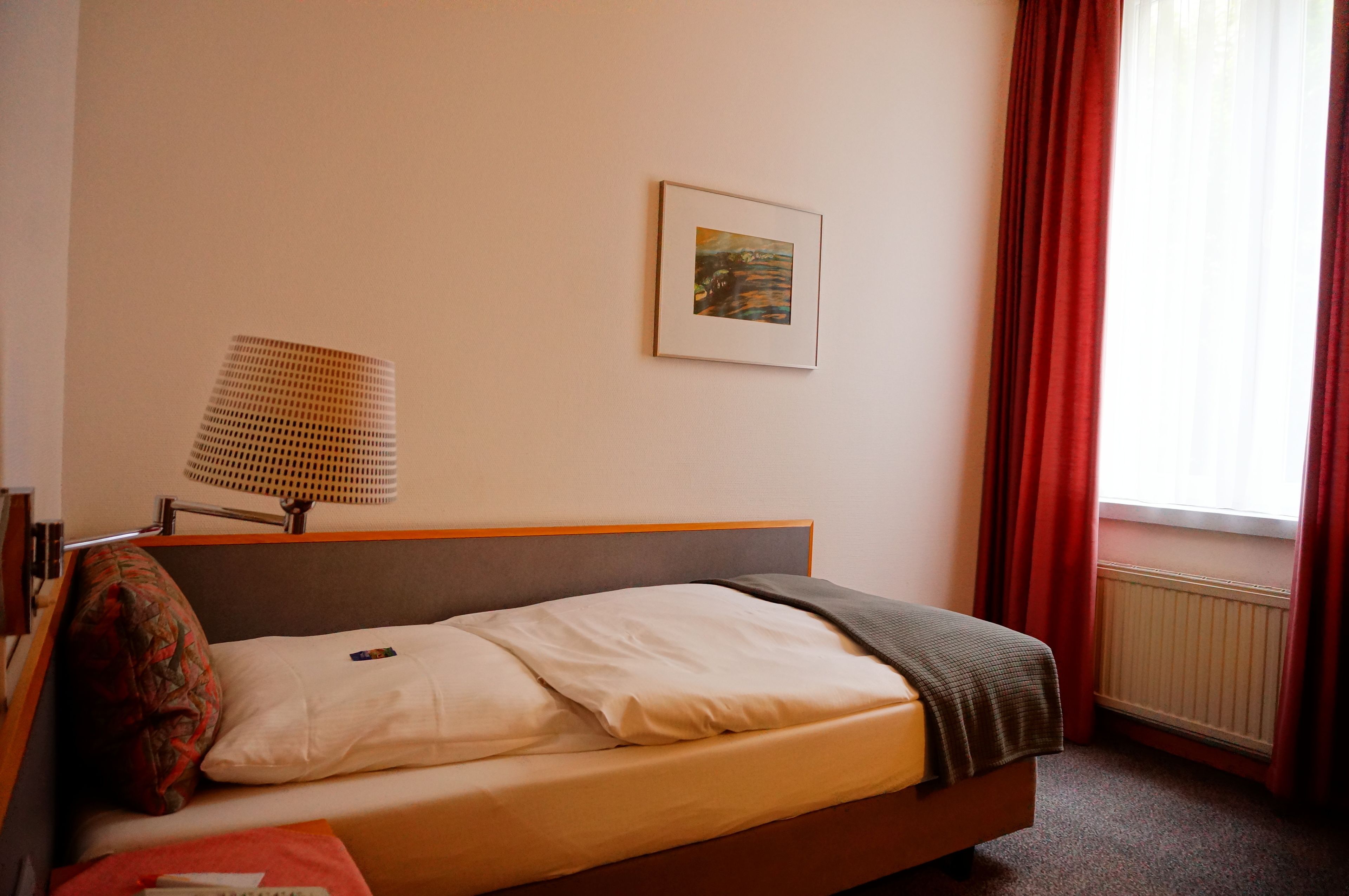 A single bed with a headboard, a bedside table with a lamp, a framed picture on the wall, and a window with red curtains.