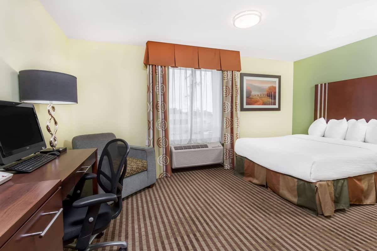 A hotel room with a bed, desk, computer, and chair.