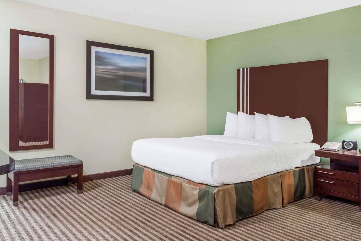 A hotel room with a large bed, a bedside table, a chair, a desk, a mirror, and a framed picture on the wall.