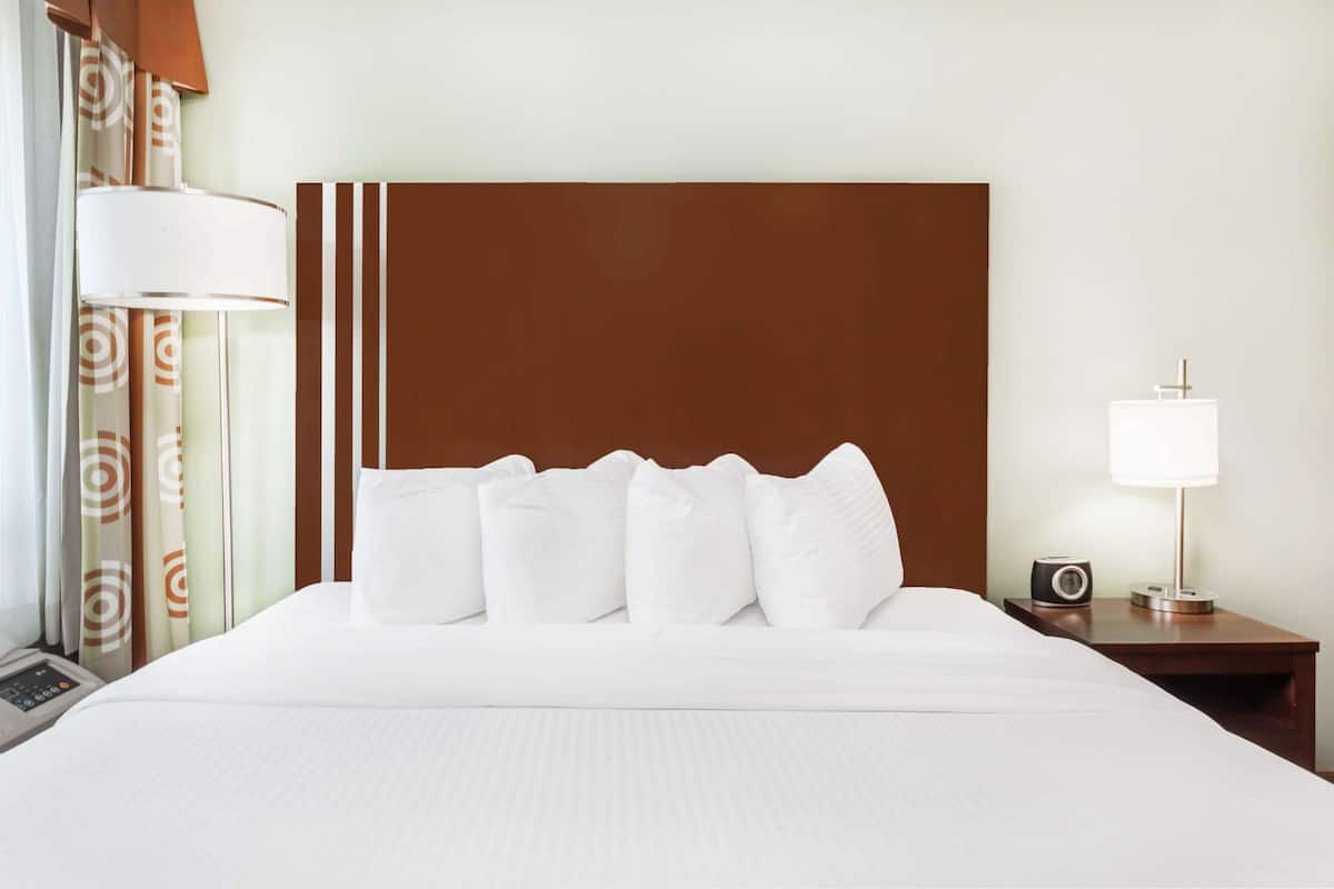 A hotel room with a large bed, a wooden headboard, a bedside table with a lamp, and a window with curtains.
