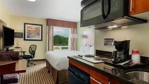 Habitación de hotel compacta con cama, escritorio, silla, televisor, microondas, cafetera y ventana con vista a áreas verdes.