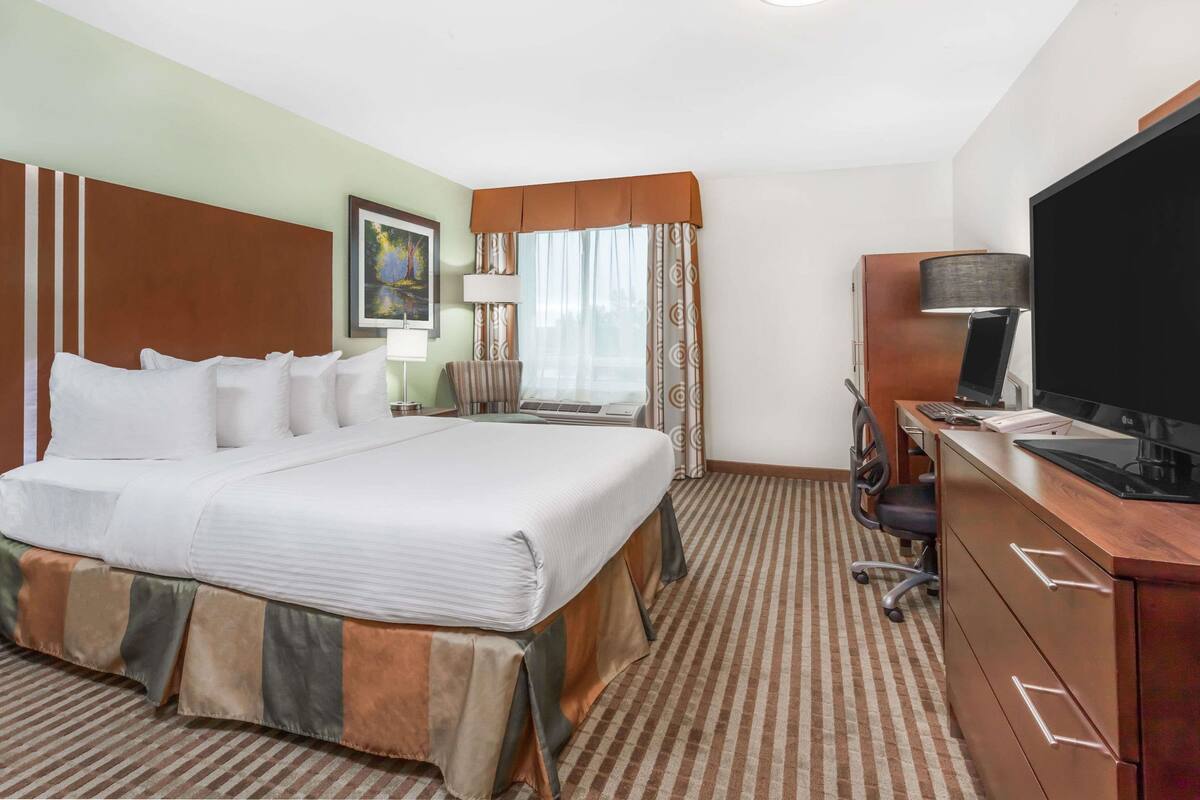 A hotel room with a large bed, a desk with a flat-screen TV, a chair, a desk lamp, and a window with curtains.