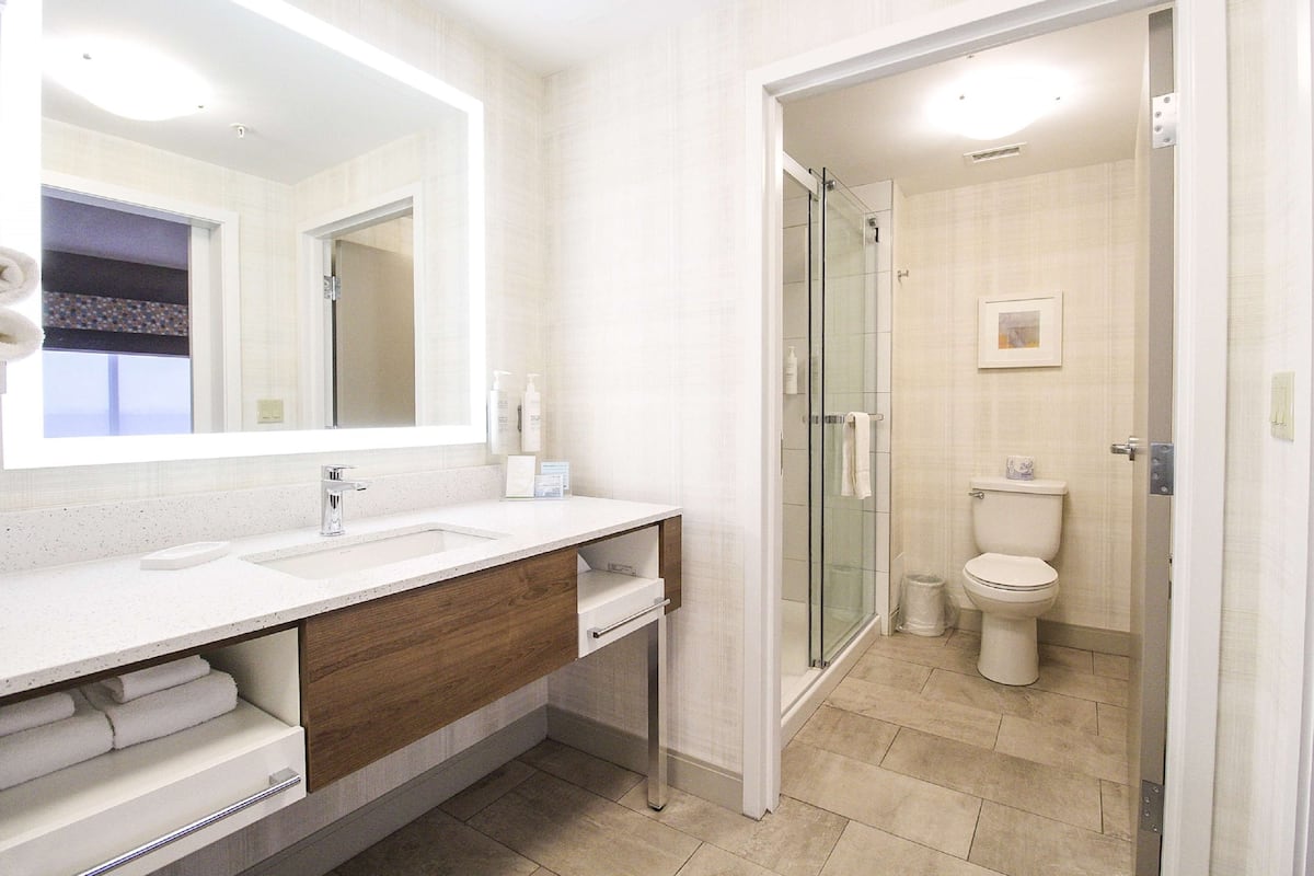 A modern bathroom with a large mirror, a sink, a shower, and a toilet.