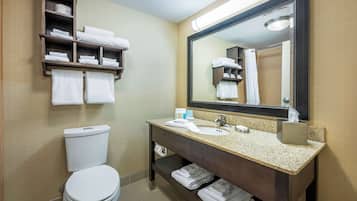 Ein Badezimmer mit Toilette, Waschbecken, Spiegel, Handtuchhalter und Regalen mit Handtüchern.