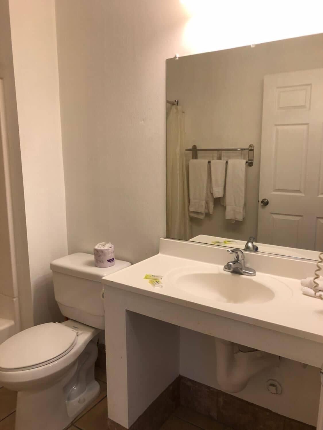 A bathroom with a toilet, sink, and mirror.