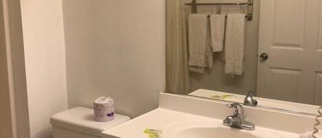 A bathroom with a toilet, sink, and mirror.