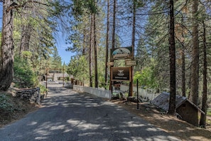 A forested area with a sign for a restaurant and a bar.