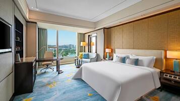 A hotel room with a large bed, a desk, a chair, a TV, and a view of the city.