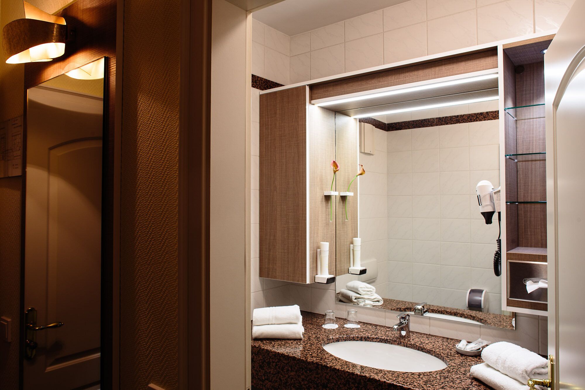 classic single room | bathroom | shower, hair dryer, towels, soap