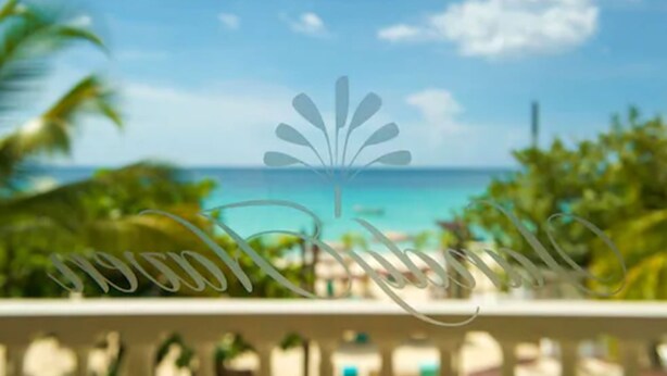 Un letrero decorativo con un diseño de palmera, sobre un fondo borroso de una playa y el océano.