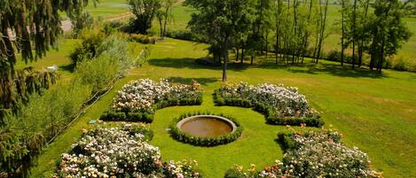 Un jardín cuidado con un estanque circular, rodeado de macizos de flores y árboles.