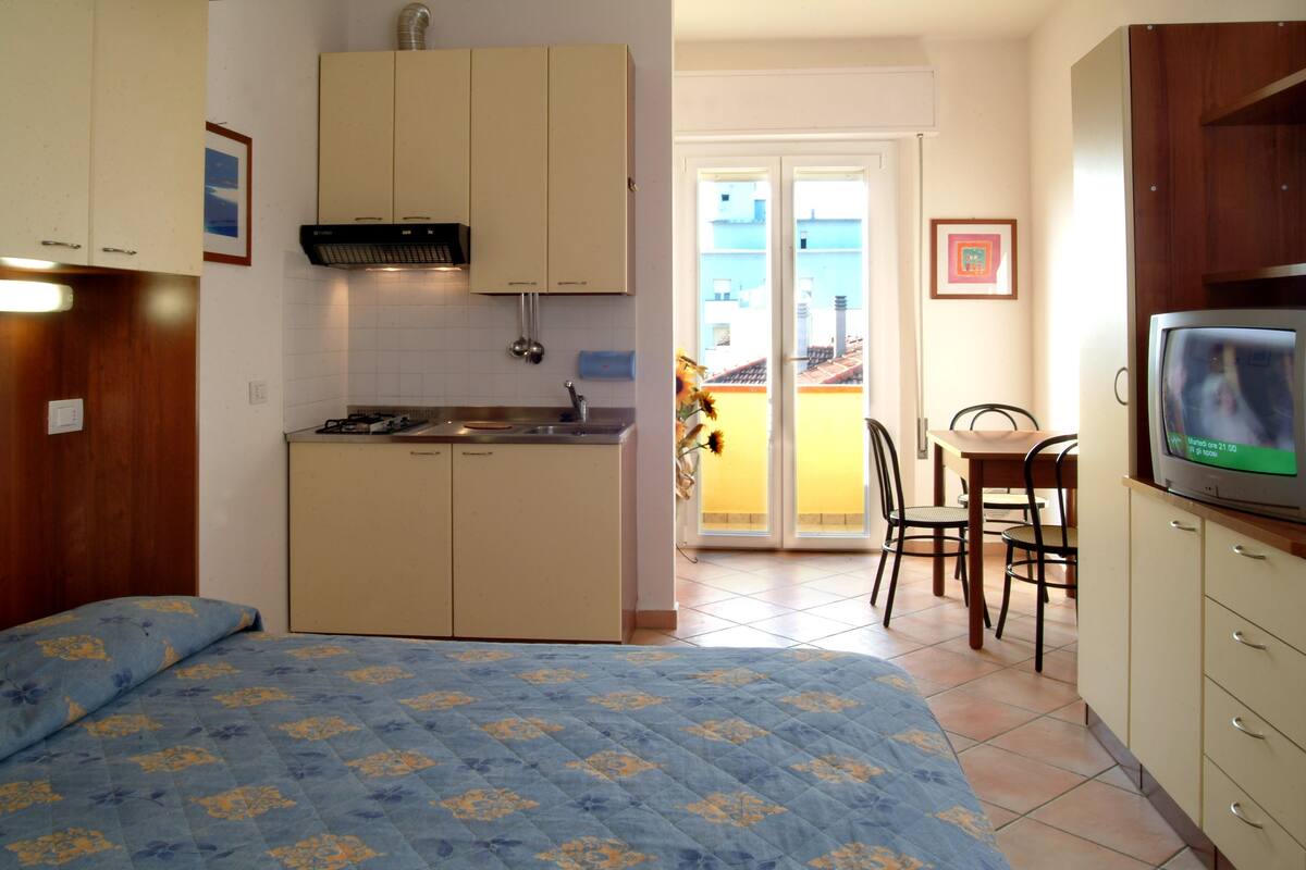 A compact bedroom with a bed, a kitchenette, a dining area, and a TV.