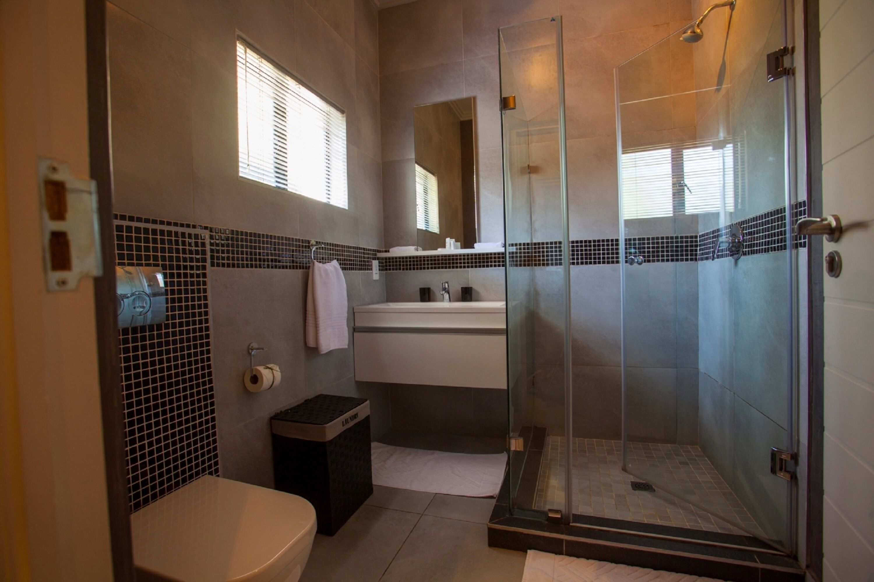 A modern bathroom with a glass-enclosed shower, a toilet, a sink, and a mirror.
