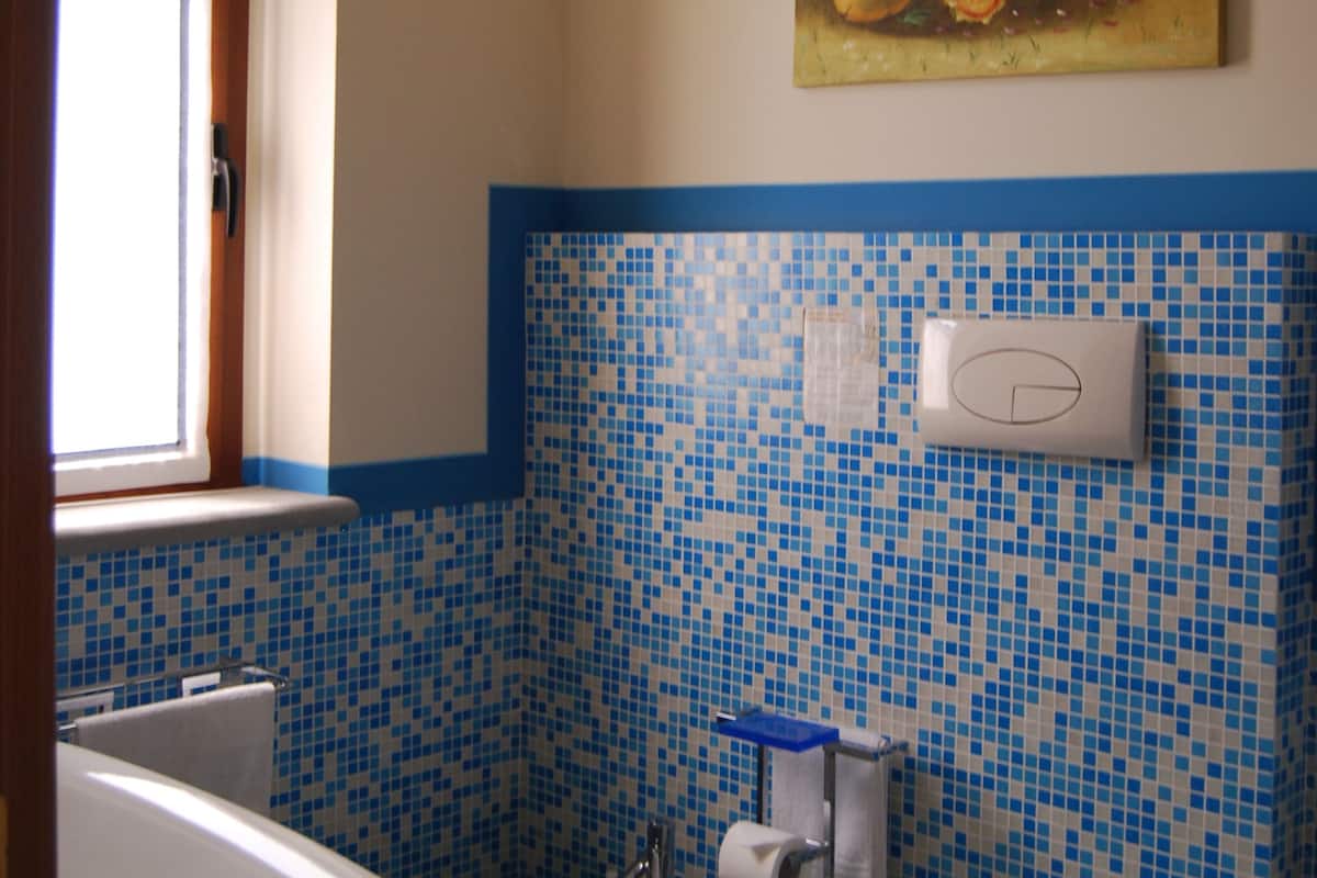 A bathroom with a blue mosaic tile wall, a white toilet, a bidet, and a white sink.