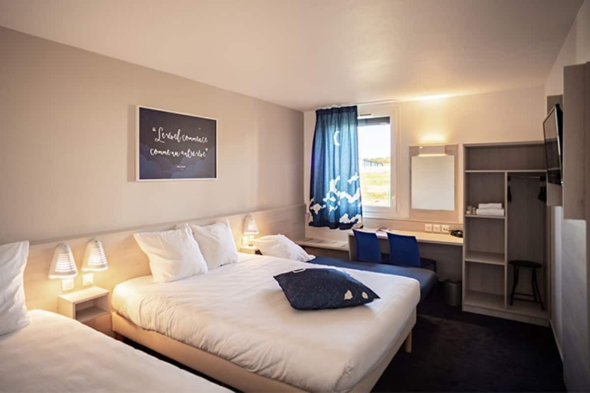 Desk, blackout drapes, soundproofing, iron/ironing board