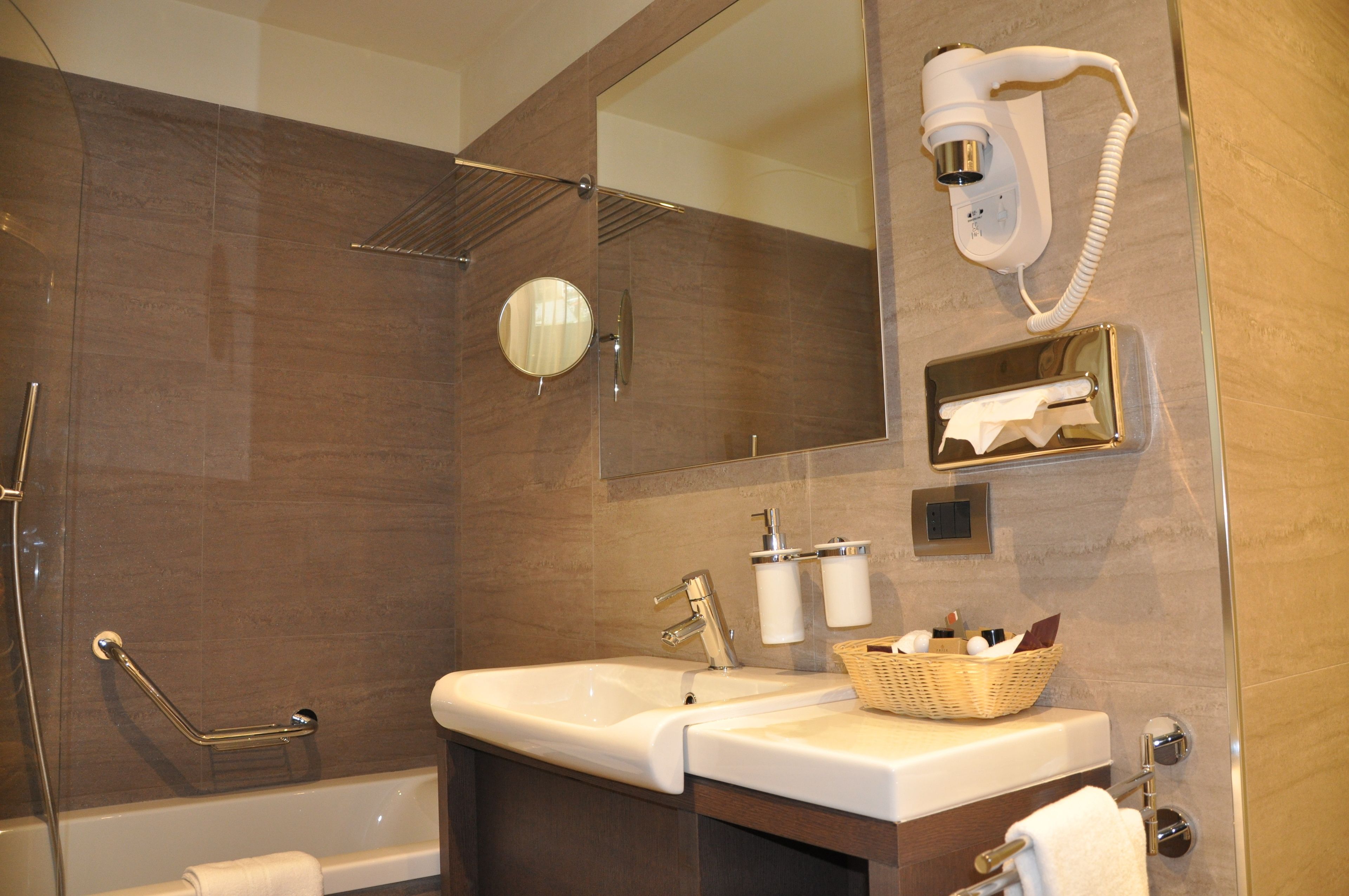 free toiletries, hair dryer, slippers, towels