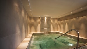 A modern spa room with a rectangular hot tub, a metal ladder, and a wall-mounted water feature. - Riviera Mare Beach Life Hotel (Rimini)