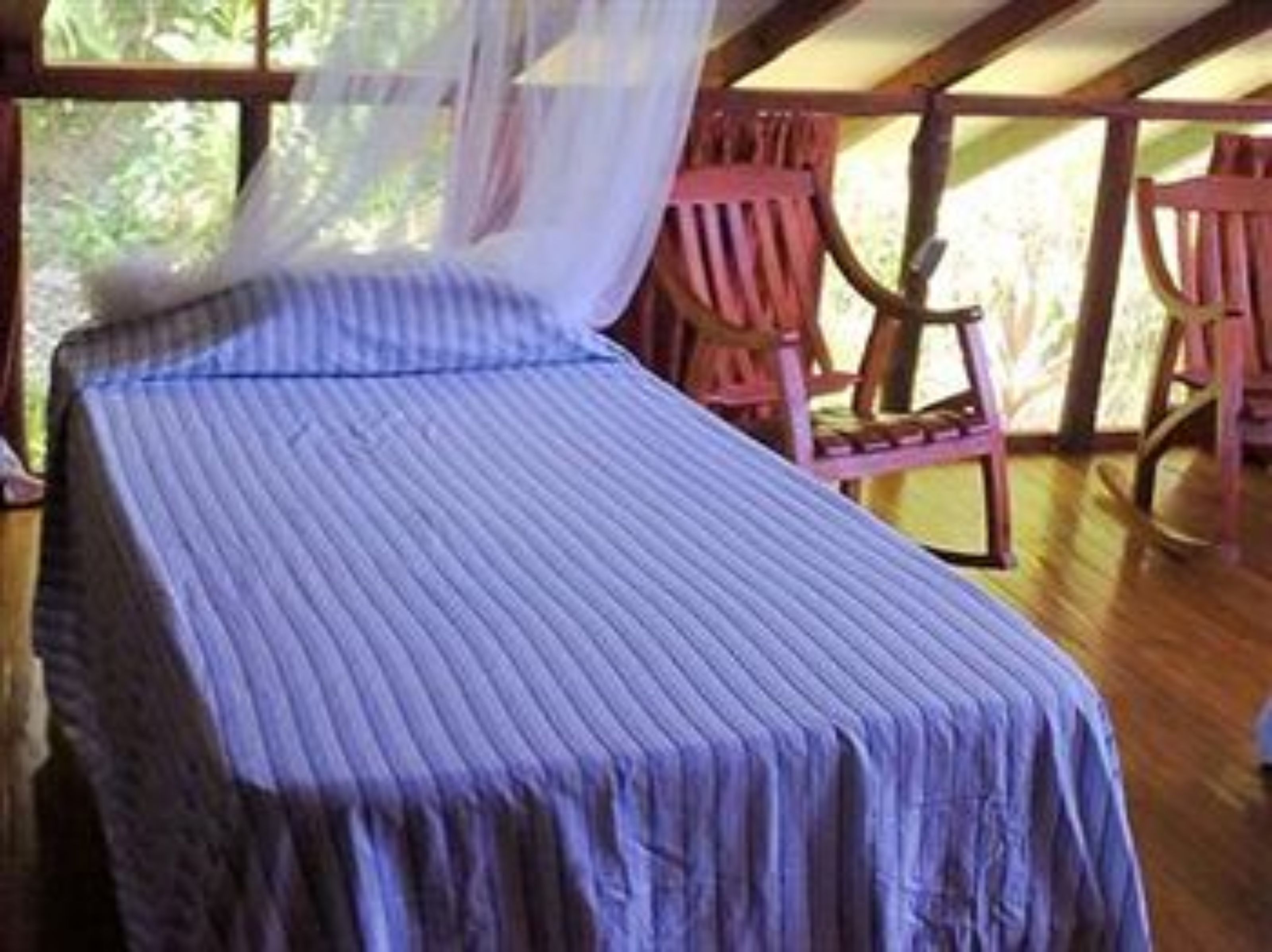 Una habitación con una cama, un ventanal con vista a follaje, y sillas de madera.