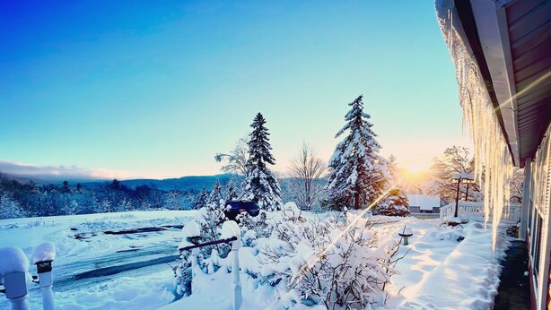 A snowy landscape with a house, snow-covered trees, and a clear sky.