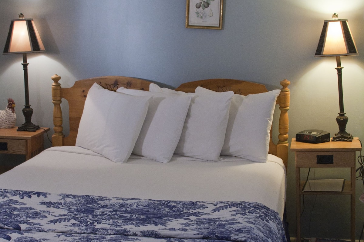 Uma cama com colcha de padrão floral, duas gravuras botânicas emolduradas na parede e duas luminárias de cabeceira com design clássico.