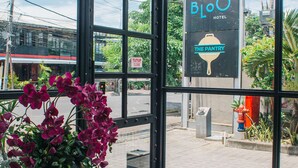 A large window with a view of a street, a sign for 'S18 Bali Villas', and a large potted plant with flowers. - Bloo Bali Hotel (Legian)