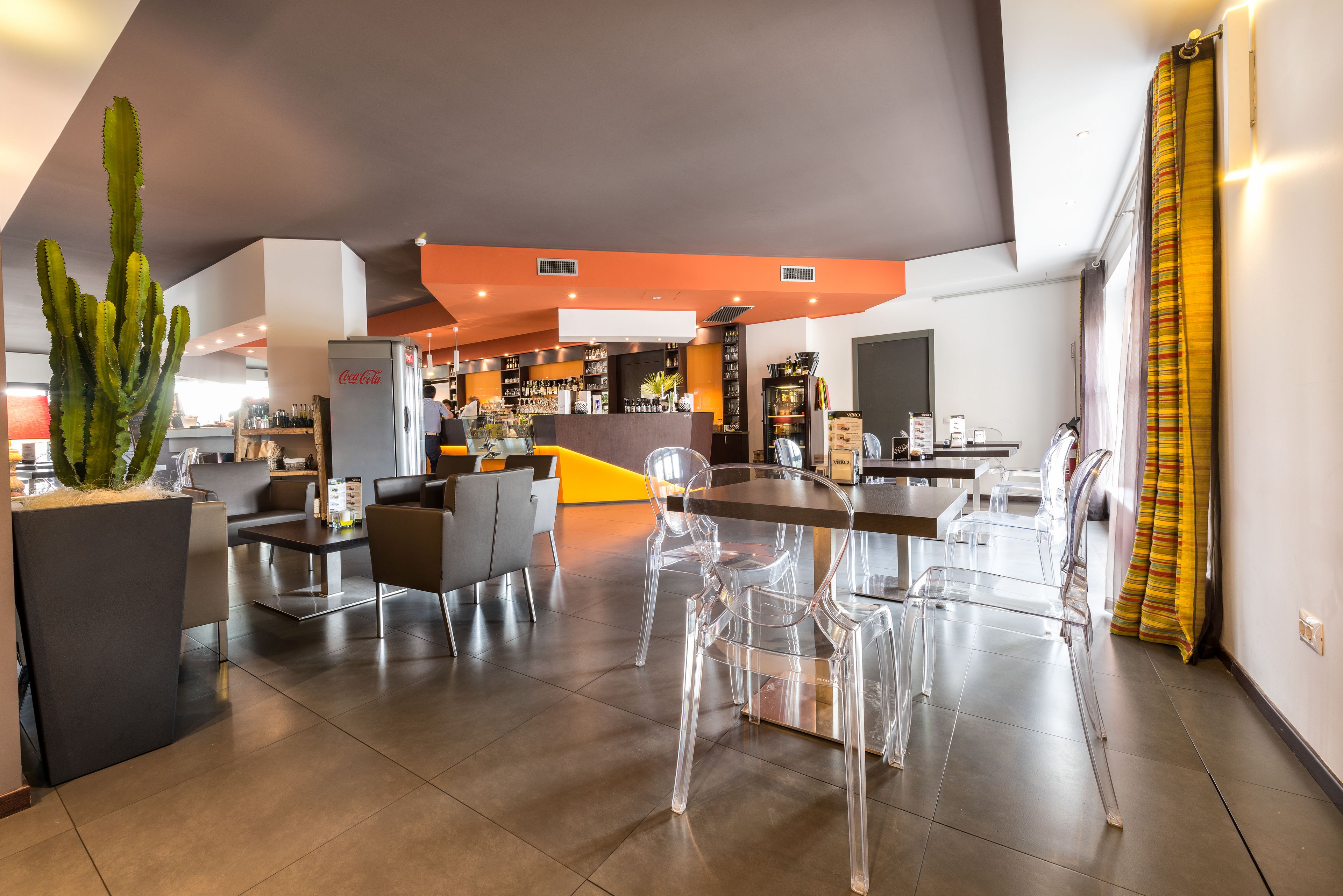 Una cocina moderna con barra, sillas transparentes y una gran planta de cactus.