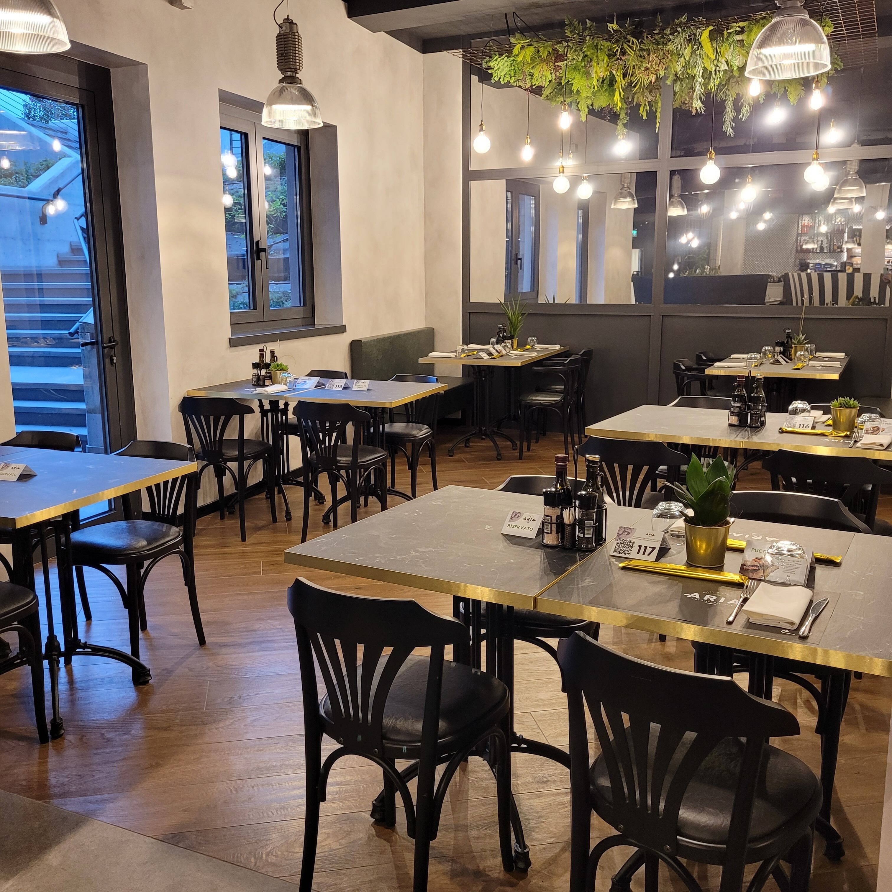 Interior de restaurante con varias mesas y sillas, plantas colgantes e iluminación colgante.