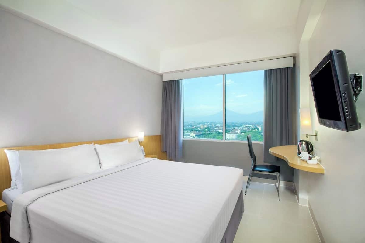 A hotel room with a large bed, a desk with a chair, a TV mounted on the wall, and a window with a city view.