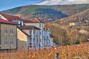 A multi-story building with balconies, situated in a vineyard with a hilly backdrop.