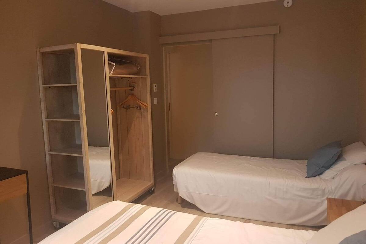 A bedroom with two beds, a wardrobe, and a closet.